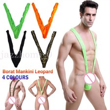 Leopard Skin Mesh Man Sexy Borat Mankini Thong Bodysuit Costume Swimsuit