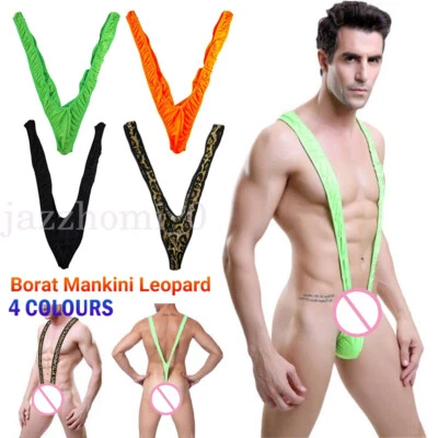 Leopard Skin Mesh Man Sexy Borat Mankini Thong Bodysuit Costume Swimsuit