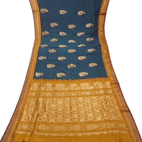 Azul Vintage Sari 100% Algodón Puro Zari Tejido a Mano Pavo Real Butta 5.5m Tela - Imagen 3 de 6