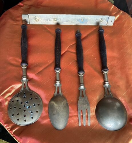 "Utensilios de cocina vintage franceses de latón y madera con barra de gancho de pared 9,5""" - Imagen 2 de 5