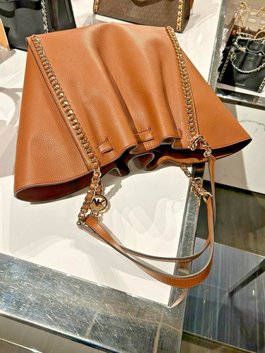Michael Kors Mina Women Large Belted Chain Tote Shoulder Bag Handbag in Luggage - Picture 6 of 13