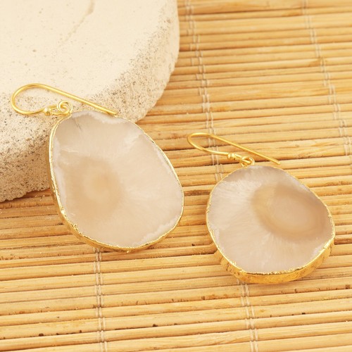 Agate Slice Gold Electroplated Statement Drop Dangle Earrings Birthday Gift Her - Picture 14 of 17