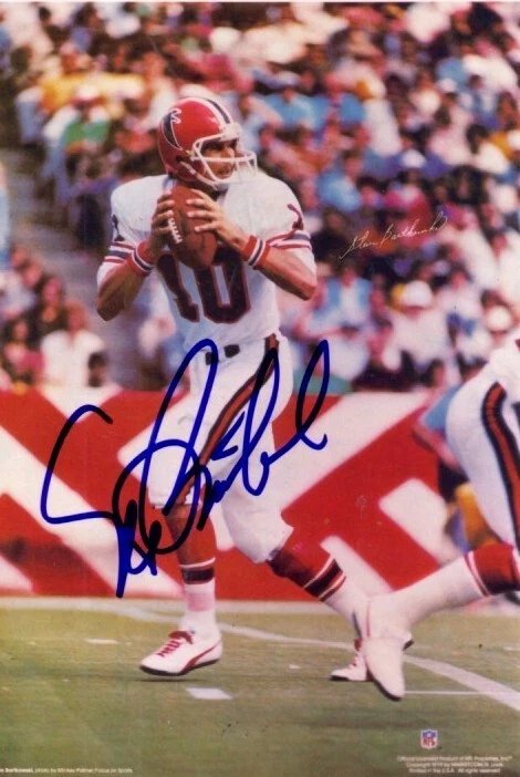 Steve Bartkowski signed Atlanta Falcons 4x6 photo framed w 1981 Topps card (JSA) - Image 2 of 2