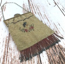 Antique Micro Beaded Purse Handbag Butterfly Flower Scene Metal Jeweled Frame
