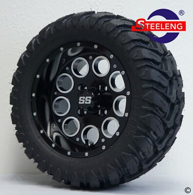 GOLF CART 12'' BLACK 'PIONEER' WHEELS/RIMS and 20''x10''-12'' A/T (M/T) DOT TIRES 