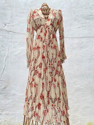 Ossie Clark - Dress Silk Chiffon Gown Vintage 1970s - Floral Motif - UK size 10