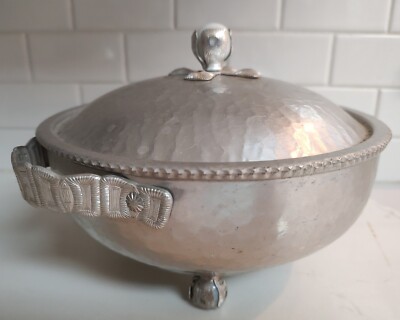 Vintage Hammered Aluminum Bowl w/lid Detailed Decorative White Marble Footed