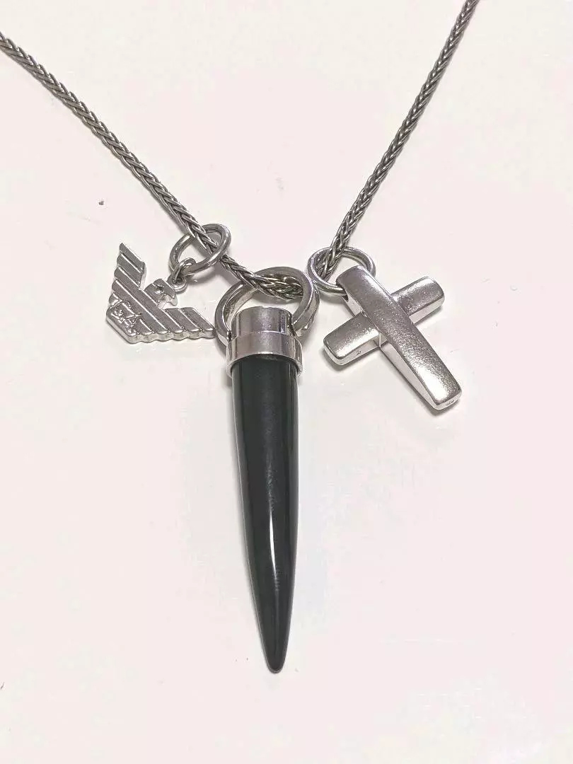 Georgio ARMANI Black Horn Cross Armani Logo Sterling Silver Necklace Pendant B