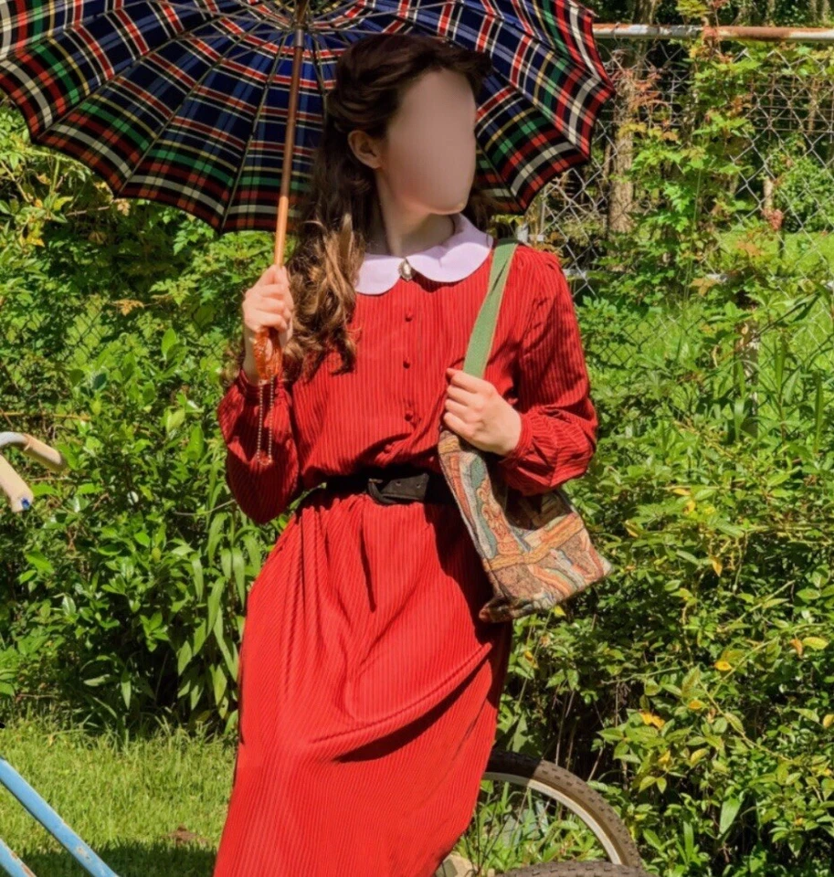 Vintage MS Chaus Dress Red Striped Peter Pan Collar Blouson Fit N Flare 80’s 90s - Image 3 of 4