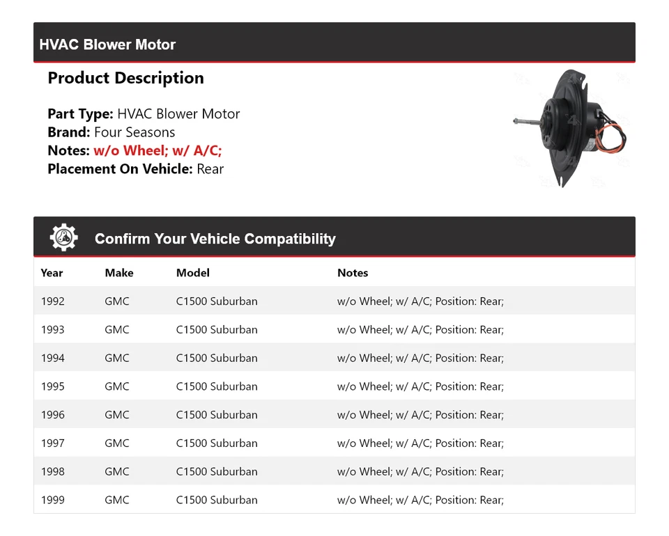 Para GMC C1500 1992-1999 Suburban HVAC Soplador Motor Trasero 4 Temporadas 1993 1994 1995 Foto 2 de 4