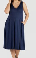24seven Comfort Apparel Women Blue Fit and Flare Pocket Dress Plus Size 2X