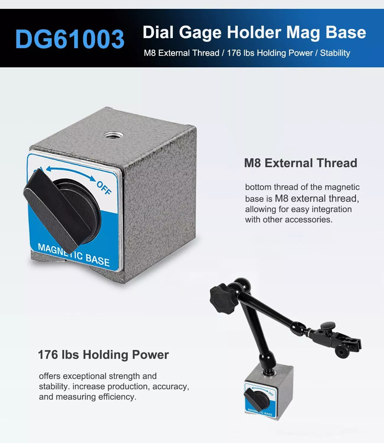 Regular Duty Dial Gage Holder Dg61003 Mag Base W/Metal Fine Adjust For Noga