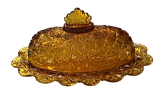 Vintage Amber Glass Butter Dish Scalloped Edge 8" No Chips