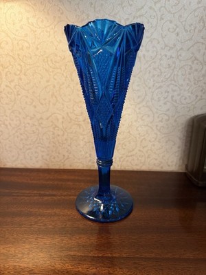 Vintage pressed Blue glass Brilliant Thistle Star Vase Scalloped Tri Mold
