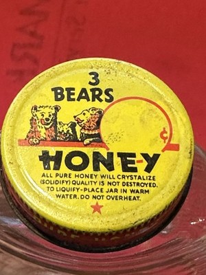 VINTAGE EMBOSSED HONEY JAR - 3 BEARS HONEY - BEE SKEP SHAPED OLD ADVERTISING