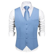 Men's Formal Suit Vest Solid Business Vest Slim Fit V-Neck Large Light Blue
