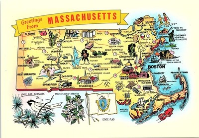 Vintage Postcard Greetings From Massachusetts State Map Bird Flower Flag