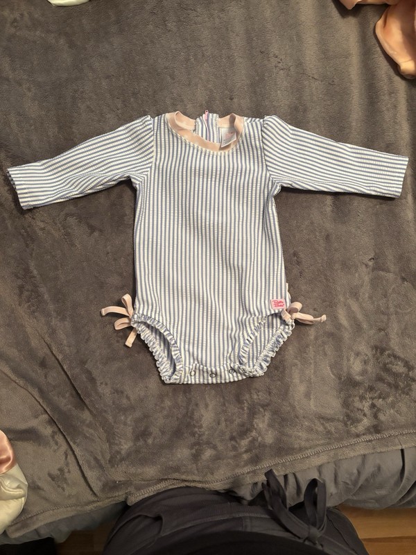 RuffleButts Baby Girls One Piece Swimsuit 6-12 Months, Long Sleeve Seersucker