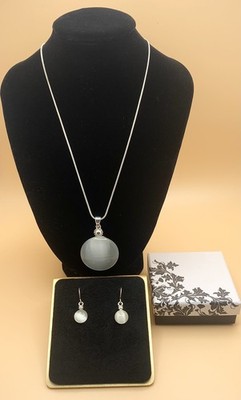 Graues Katzenauge Anhänger Halskette & Ohrringe Set Silberfarben Elegant Schmuck