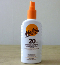 Malibu 20SPF - Medium protection, UVA/UVB, lotion spray. large 200ml. No cap. 39.95 per litre