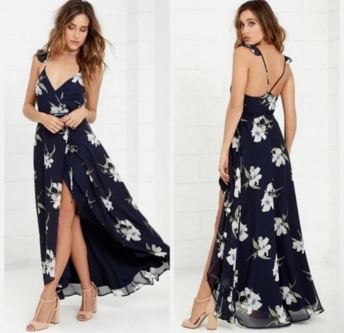 Lulu’s All Mine High-Low Wrap Dress XL Womens Navy Blue Floral Print Tie Waist