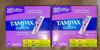 56ct Tampax Tampons Radiant 32ct Regular & 24ct Super 100% Leak & Odor Free