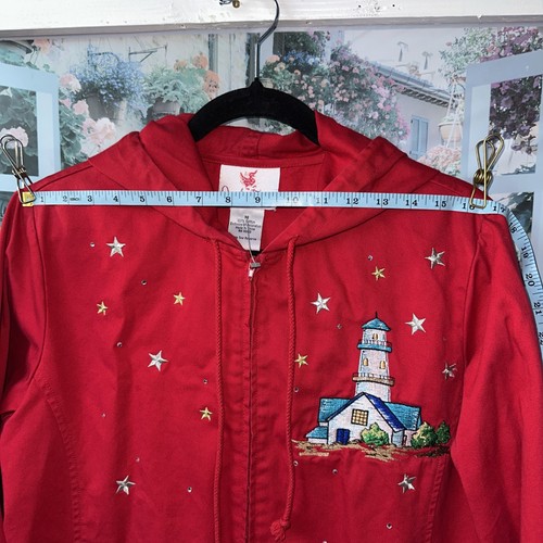 Quacker Factory Lightweight Denim Jacket Red Size Medium Hooded Lighthouses - Picture 10 of 17