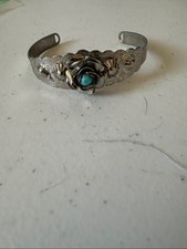 Sterling-Inspired Silver Cuff Bracelet with Turquoise Rose Accent