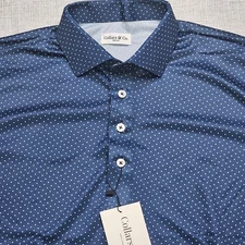 Collars & Co Polo Shirt Mens Small Navy Blue Polka Dot Stretch Soft New 