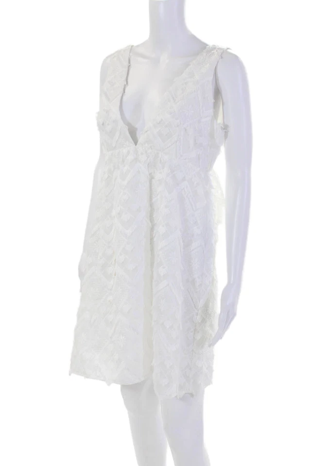 Vestido Cynthia Rowley para mujer sin mangas cuello en V flecos bordado blanco mediano Foto 2 de 4
