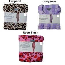 LOFT Women's Button Down Elastic Waistband Satin Notch Collar Pajama Set