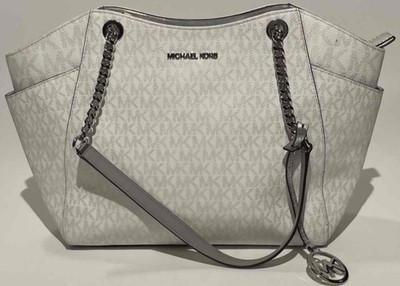 Michael Kors Jet Set Chain Tote Silver MK Signature Shoulder Bag Large Purse