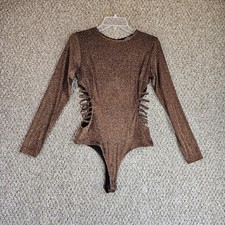 Fashion Nova Metallic Sparkles Bodysuit Womens Medium Long Sleeve Keyhole Back