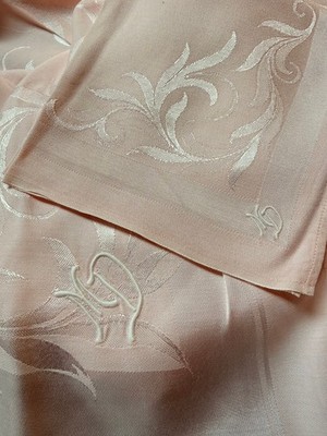 Vintage Damast Tischwäsche Set Tischdecke ca. 120 x 150 & 6 Stoffservietten rosa
