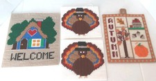Lot of 4 Vintage Finished Handmade Plastic Canvas Thanksgiving Autumn