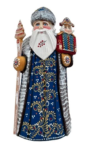 9.75" Russian SANTA NUTCRACKER Blue Wood Hand Carved Hand Painted Signed