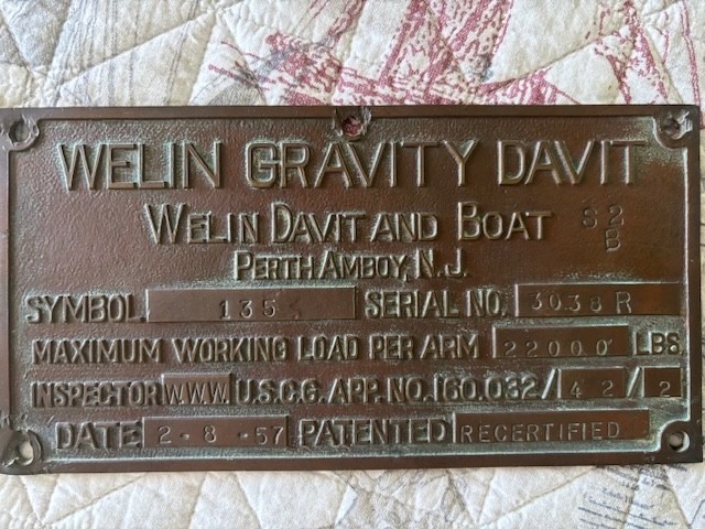  Welin Gravity Davit Bronze data plate Perth Amboy NJ 1957 Marine Salvage