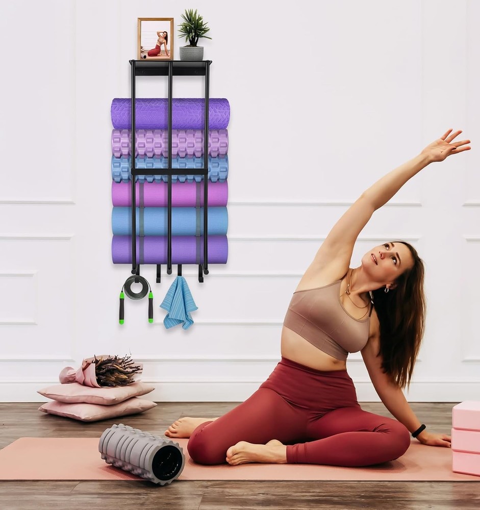 Wall Mount Yoga Mat Holder for Home Gym Accessories and Towel Storage