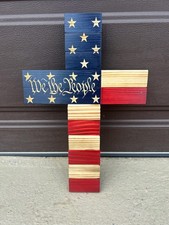 Patriotic, Wooden Cross American Flag, Design Handmade Rustic Wall Hanging Craft
