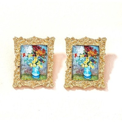 Vincent Van Gogh FLOWERS in a BLUE VASE in Ornate Frame Stud Earrings NEW! 701