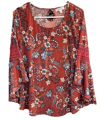 Roommates S Red Paisley 3/4 Bell Sleeve Lace Insert Boho Chic Trendy Whimsigoth