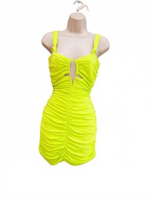Zara Neongrün Limette Cut Out Vorne V Ausschnitt Gerafft Bodycon Party Kleid 8 10 S