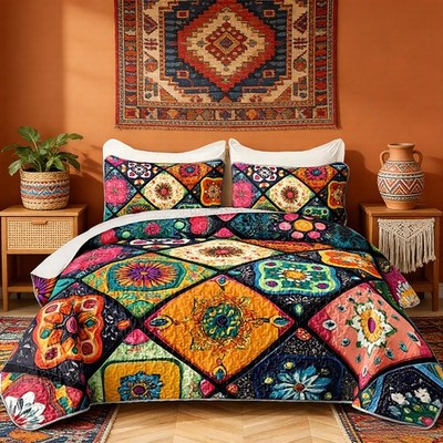 Bohemia Style Quilts Queen Size for Adults,Different Colorful Boho Pattern Li...