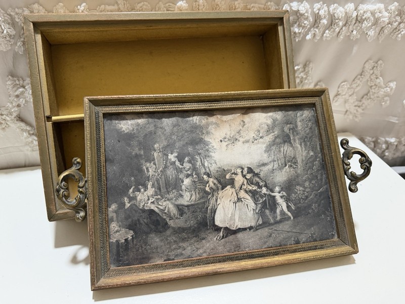Vintage Vanity Jewelry Box Mirror Lid Glass Art Courting Scene Brass Handles