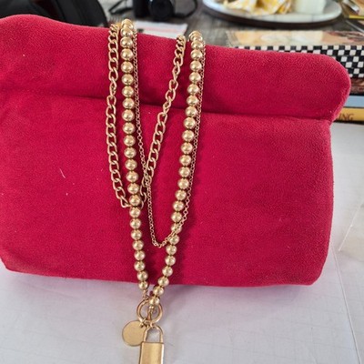 Lock Pendant Triple Mix Chain Toggle Necklace,