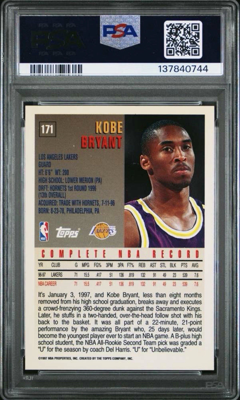 1997 Topps #171 Kobe Bryant PSA 8 view 2