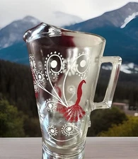 Vtg Clear Glass Pitcher 7.5” Mid Century Modern Red White Peacock Paisley