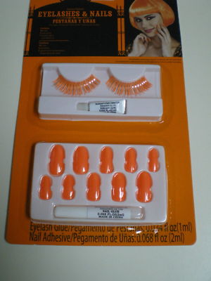 NEON ORANGE Eyelashes & Nails SET Costume CLUB NEW HOT