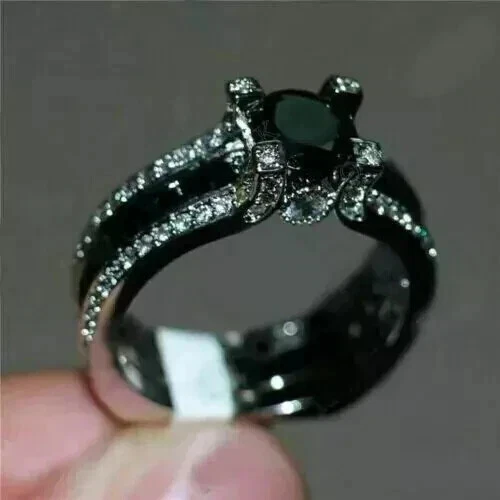 14K White Gold Plated 3CT Round Lab Created Black Diamond Women's Wedding Ring - Image 2 of 4