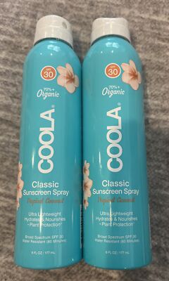 2 Cans COOLA Classic Sunscreen Spray Tropical Coconut SPF 30 6 oz